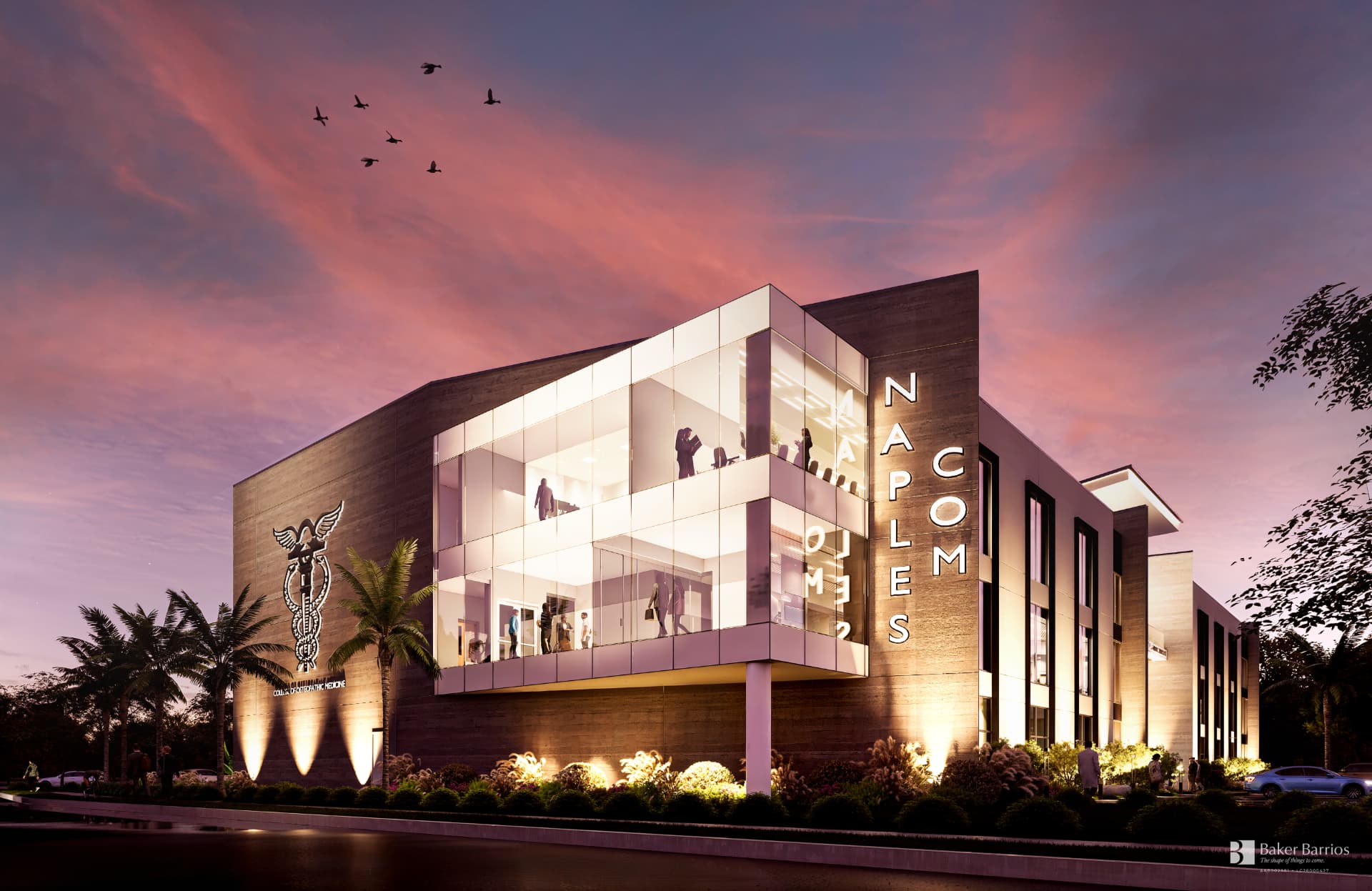 Naples College of Osteopathic Medicine, dusk view of the Naples, Florida campus